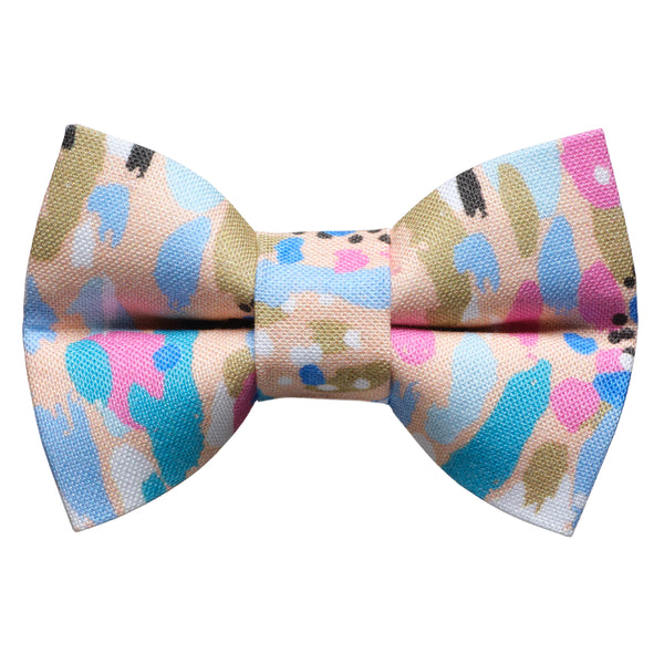Abstract print cat/ dog bow tie. Pastel brush strokes with light pink background.