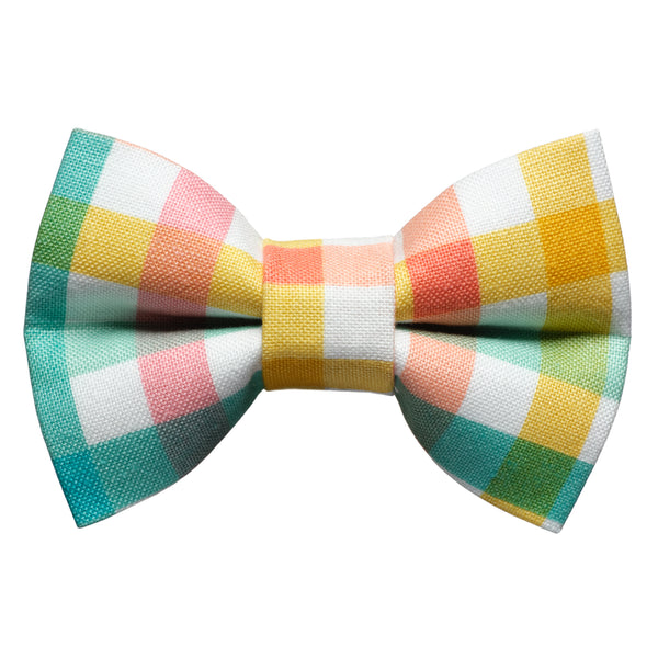 Plaid Cat/dog bow tie. White with real, pink and yellow